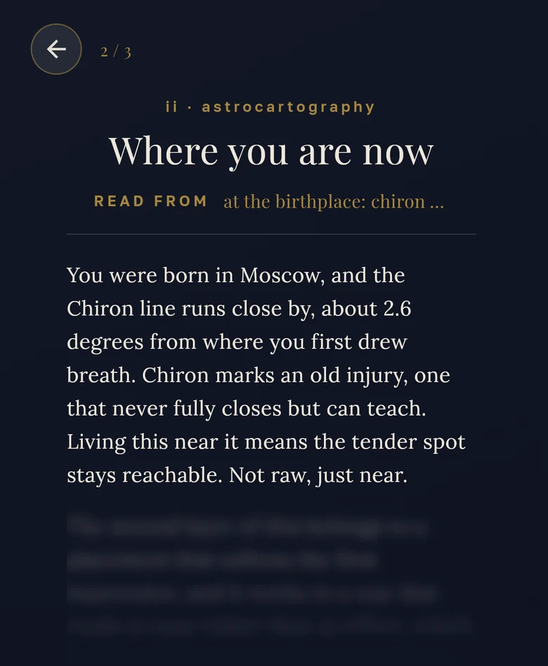 Alma astrocartography chapter “Where you are now”, read at the birthplace