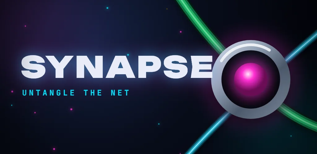 Synapse — Untangle the net. Feature banner with a glowing neon node and wires.
