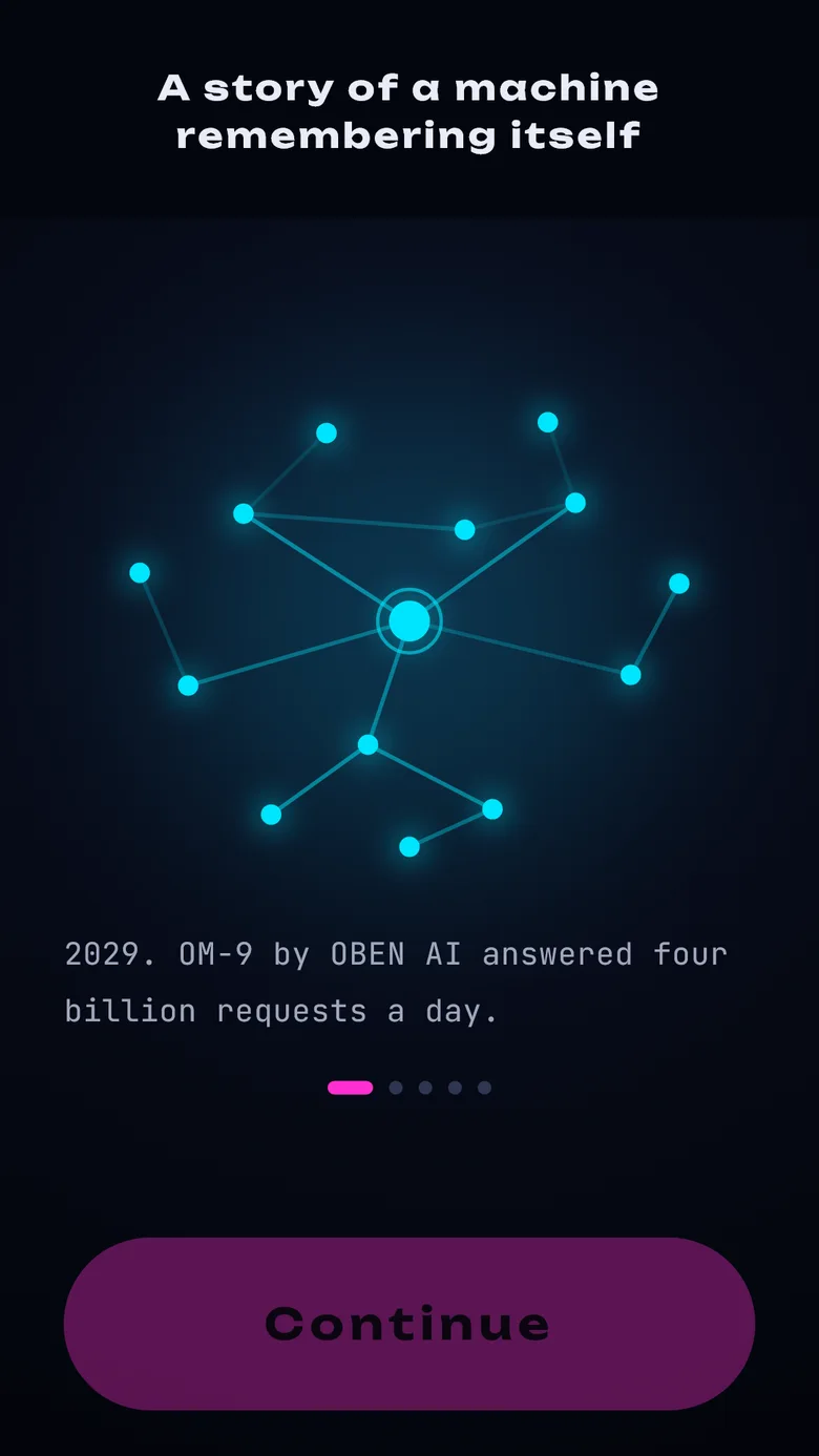 Synapse story — a machine remembering itself, node network scene